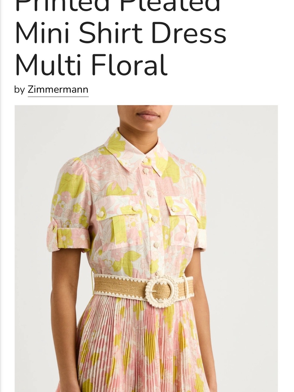 Zimmermann Pink & Yellow Floral Pleated Mini Shirt Dress. Size 1